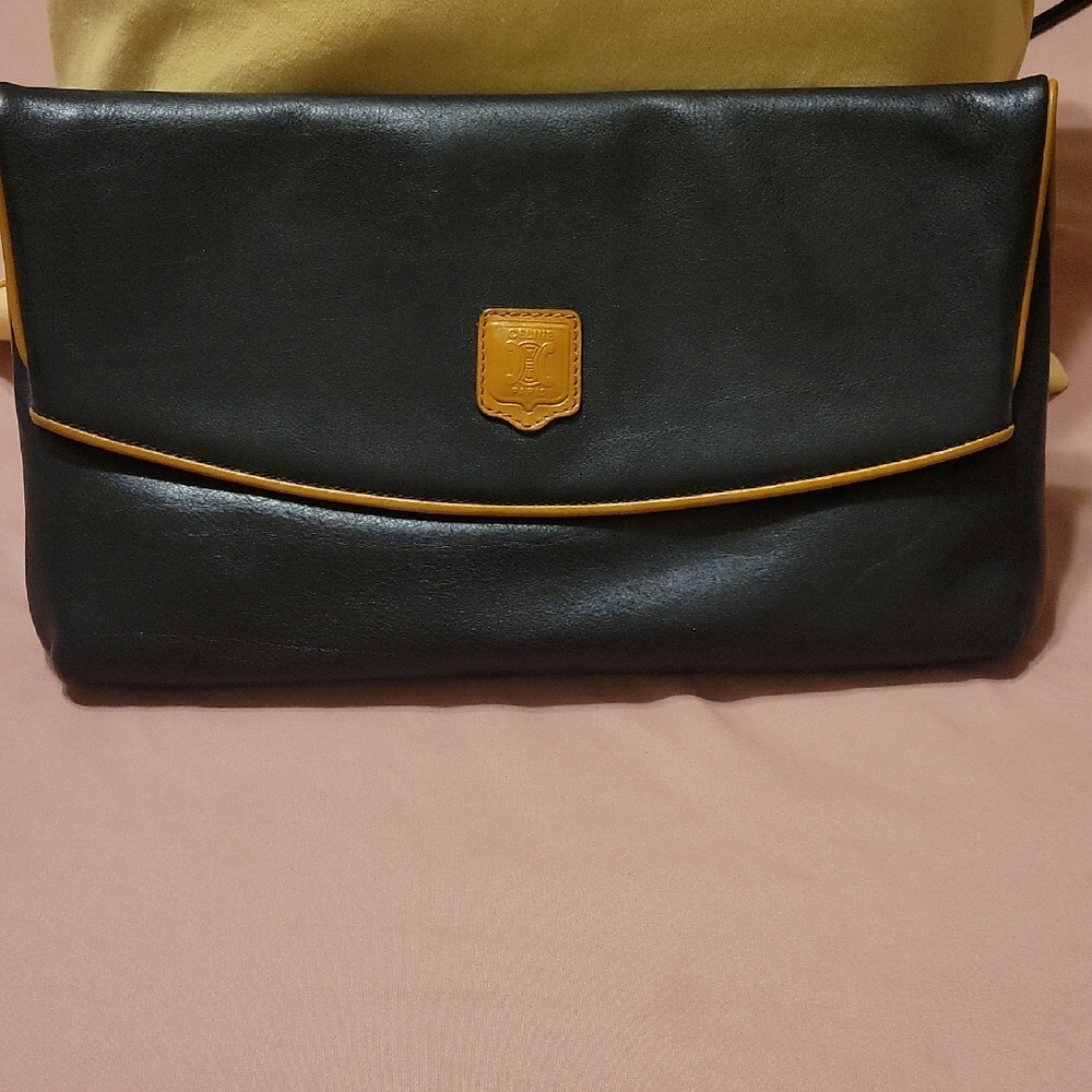 Celine Triomphe Black Leather Clutch with Gold Accent